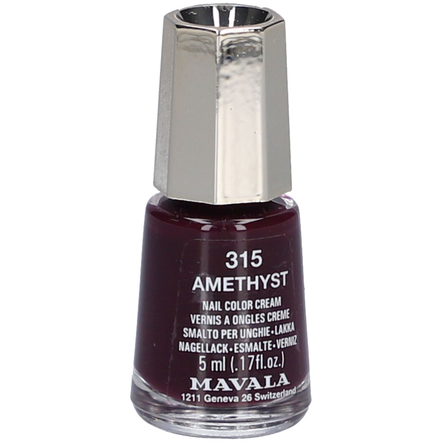 Flacon de vernis à ongles Améthyste Nr. 315. Vernis violet foncé avec bouchon argenté. Texte: Mavala, 5 ml.