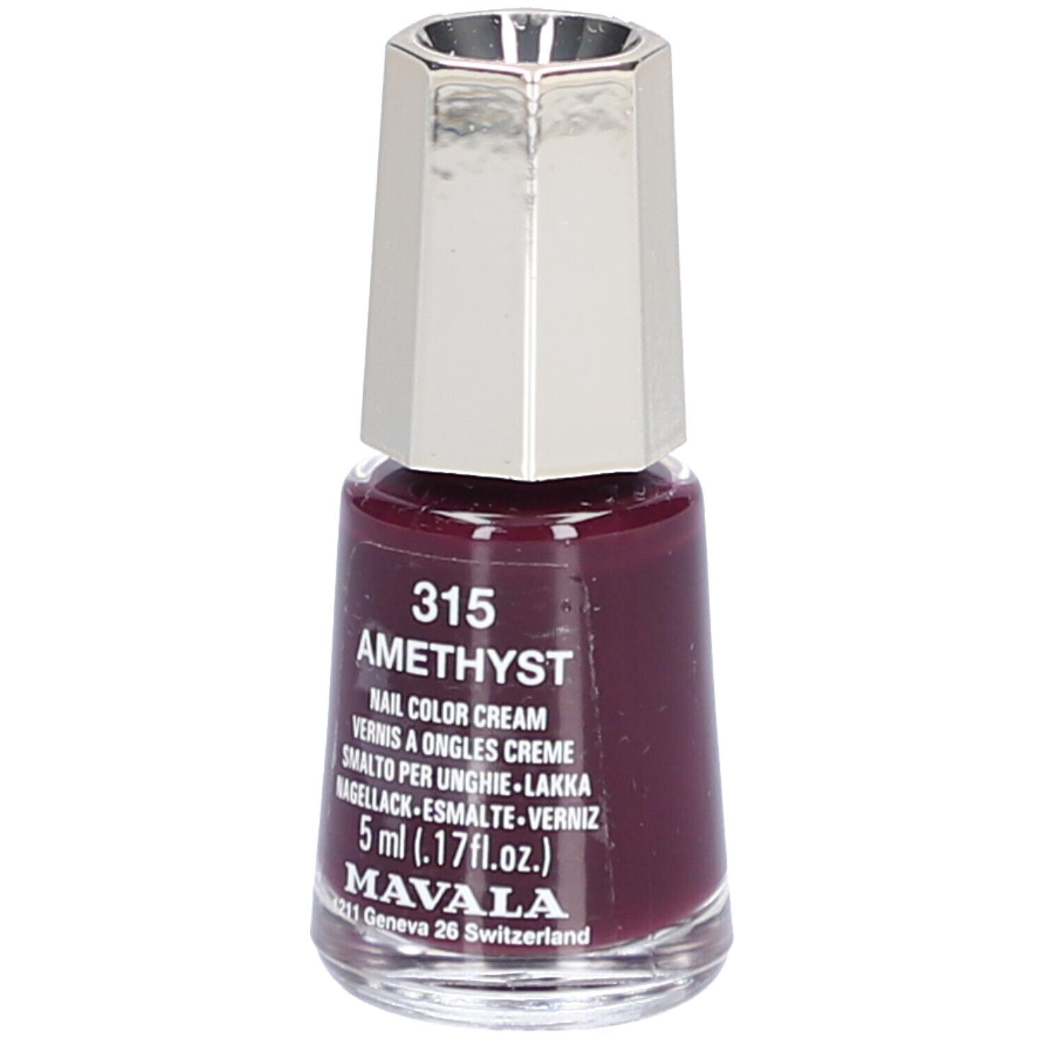 Flacon de vernis à ongles Améthyste Nr. 315. Vernis violet foncé avec bouchon argenté. Texte: Mavala, 5 ml.