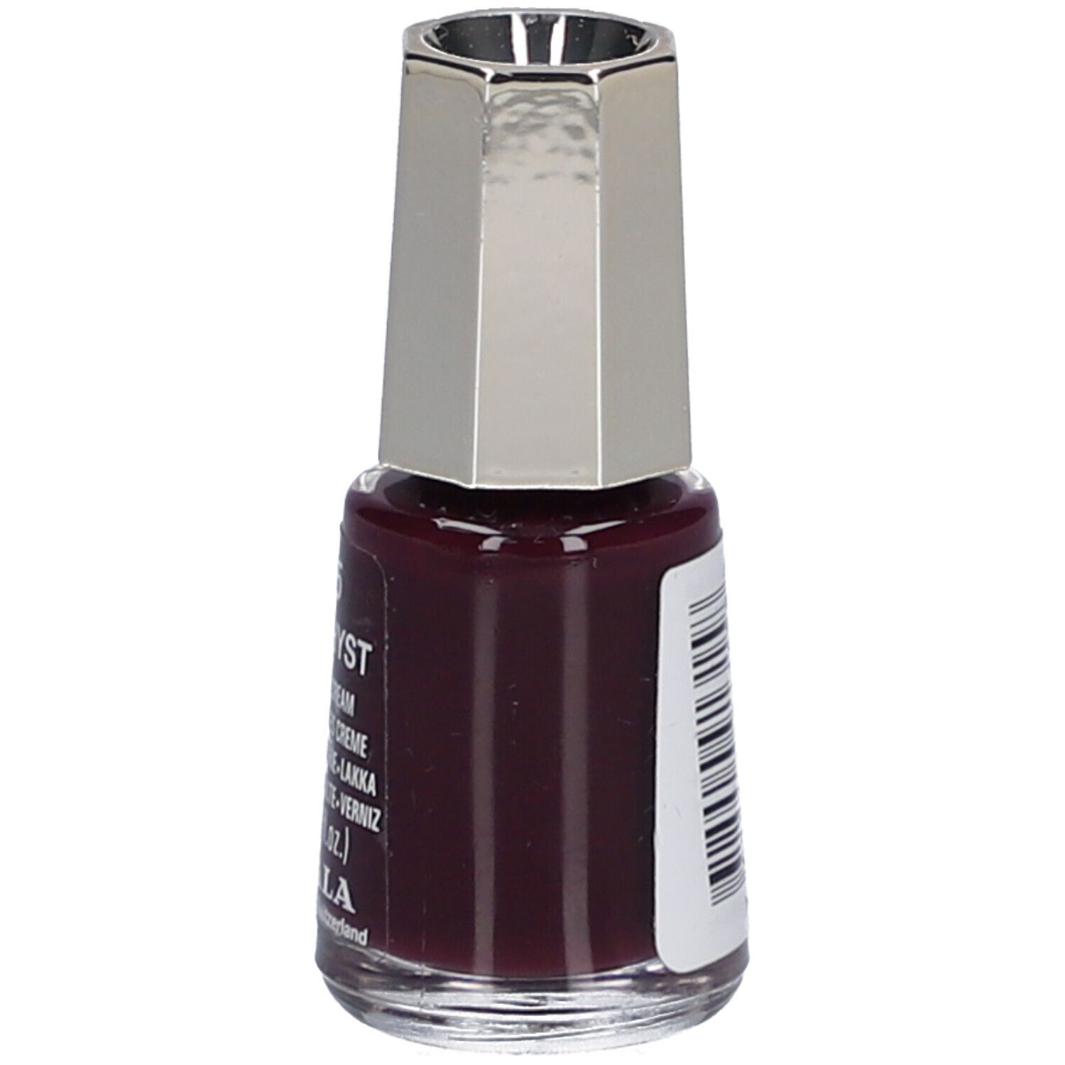 Flacon de vernis à ongles Améthyste Nr. 315. Vernis violet foncé avec bouchon argenté. Étiquette avec texte.