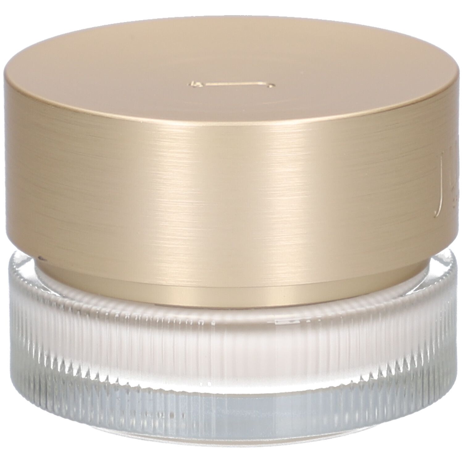 Crèmepot met gouden deksel. Opschrift: JUVENA OF SWITZERLAND. Gegeribbeld glas.