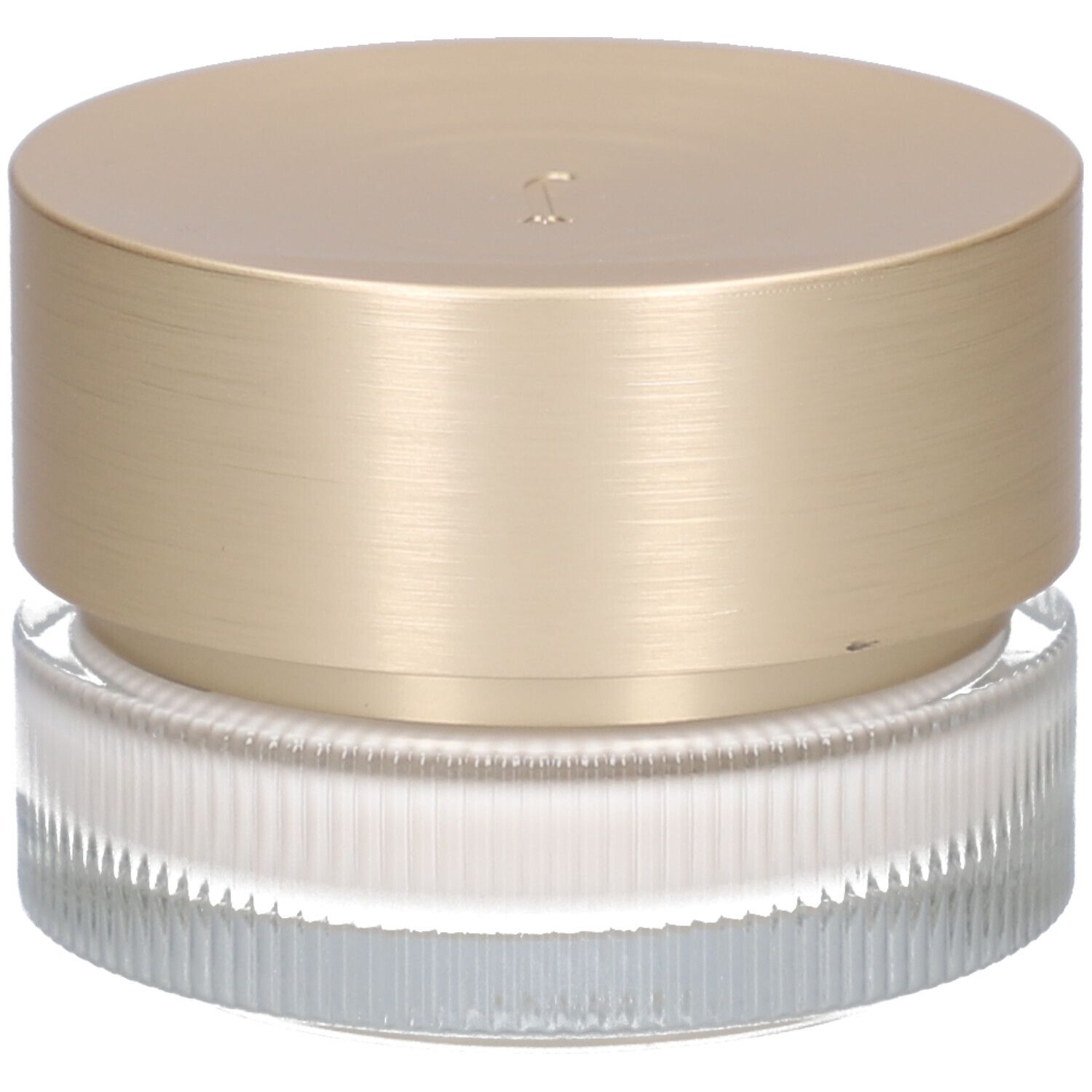 Crèmepot met gouden deksel. Opschrift: JUVENA OF SWITZERLAND. Gegeribbeld glas.