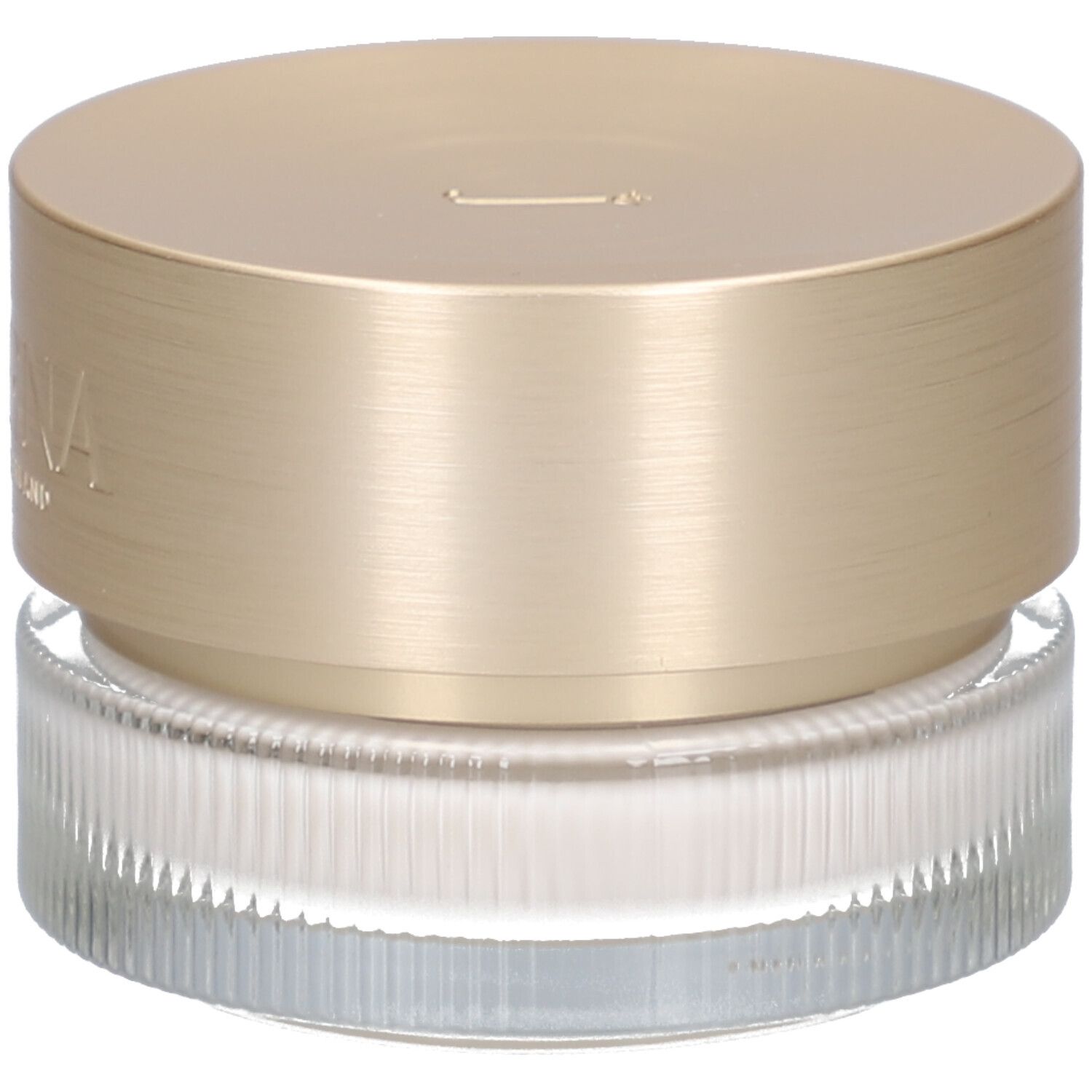 Crèmepot met gouden deksel. Opschrift: JUVENA OF SWITZERLAND. Gegeribbeld glas.