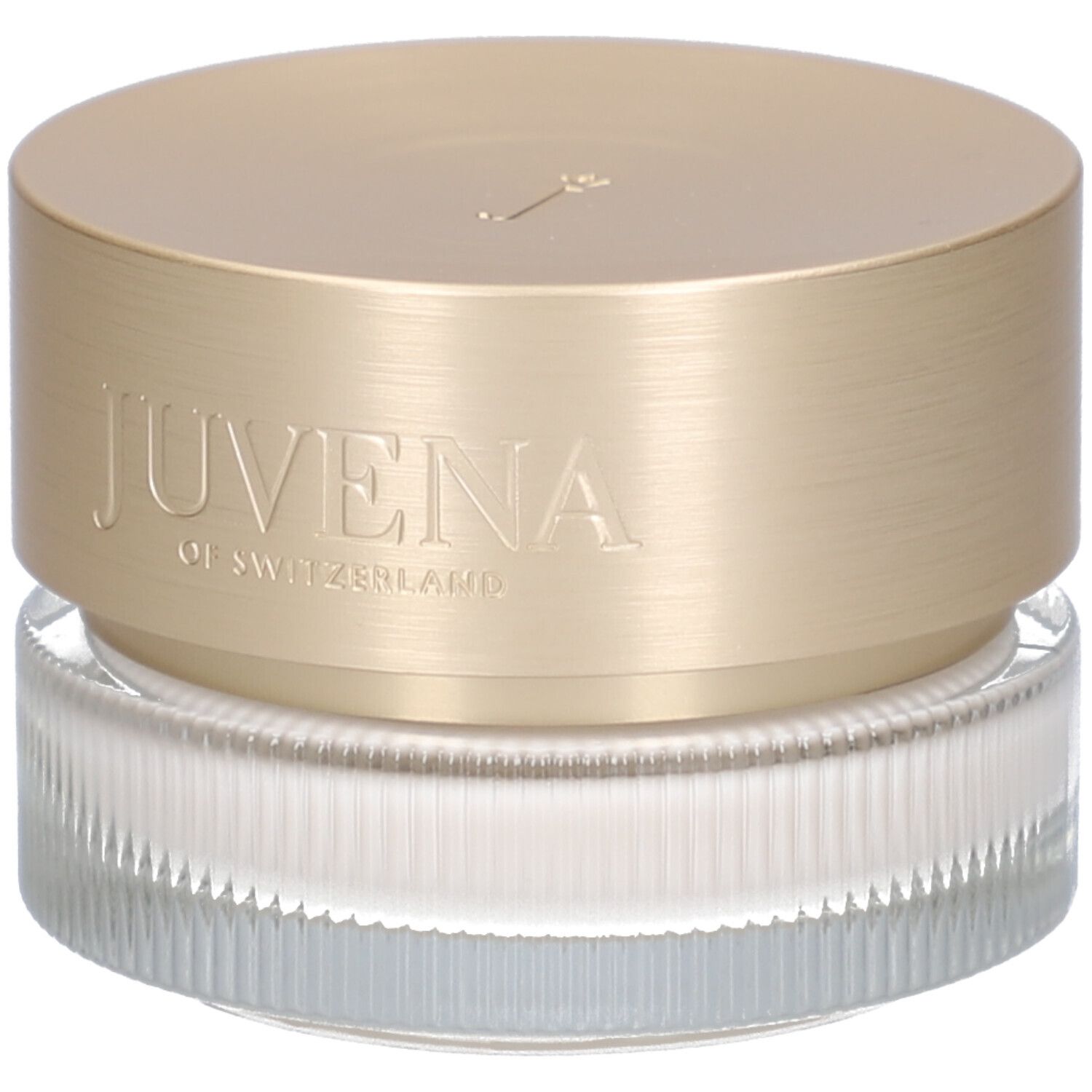 Crèmepot met gouden deksel. Opschrift: JUVENA OF SWITZERLAND. Gegeribbeld glas.