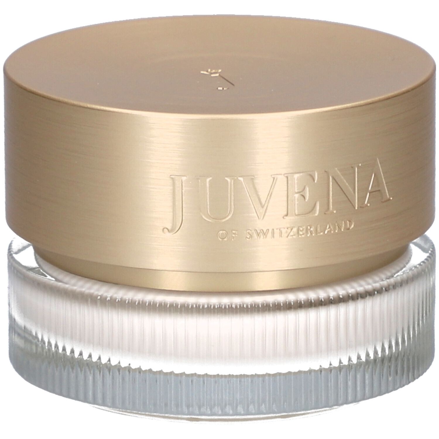 Crèmepot met gouden deksel. Opschrift: JUVENA OF SWITZERLAND. Gegeribbeld glas.