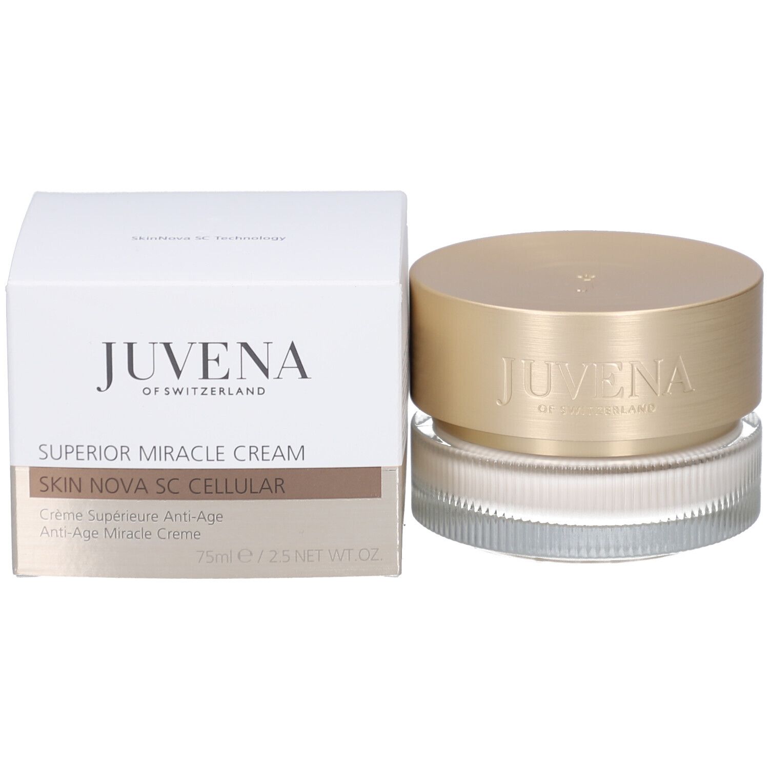 Crèmepot met gouden deksel. Opschrift: JUVENA OF SWITZERLAND. Gegeribbeld glas.