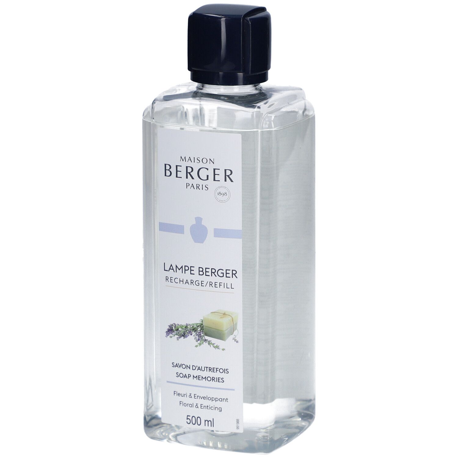 Flacon de recharge Lampe Berger. Clair, carré, bouchon noir. Étiquette avec nom du produit et motif floral.