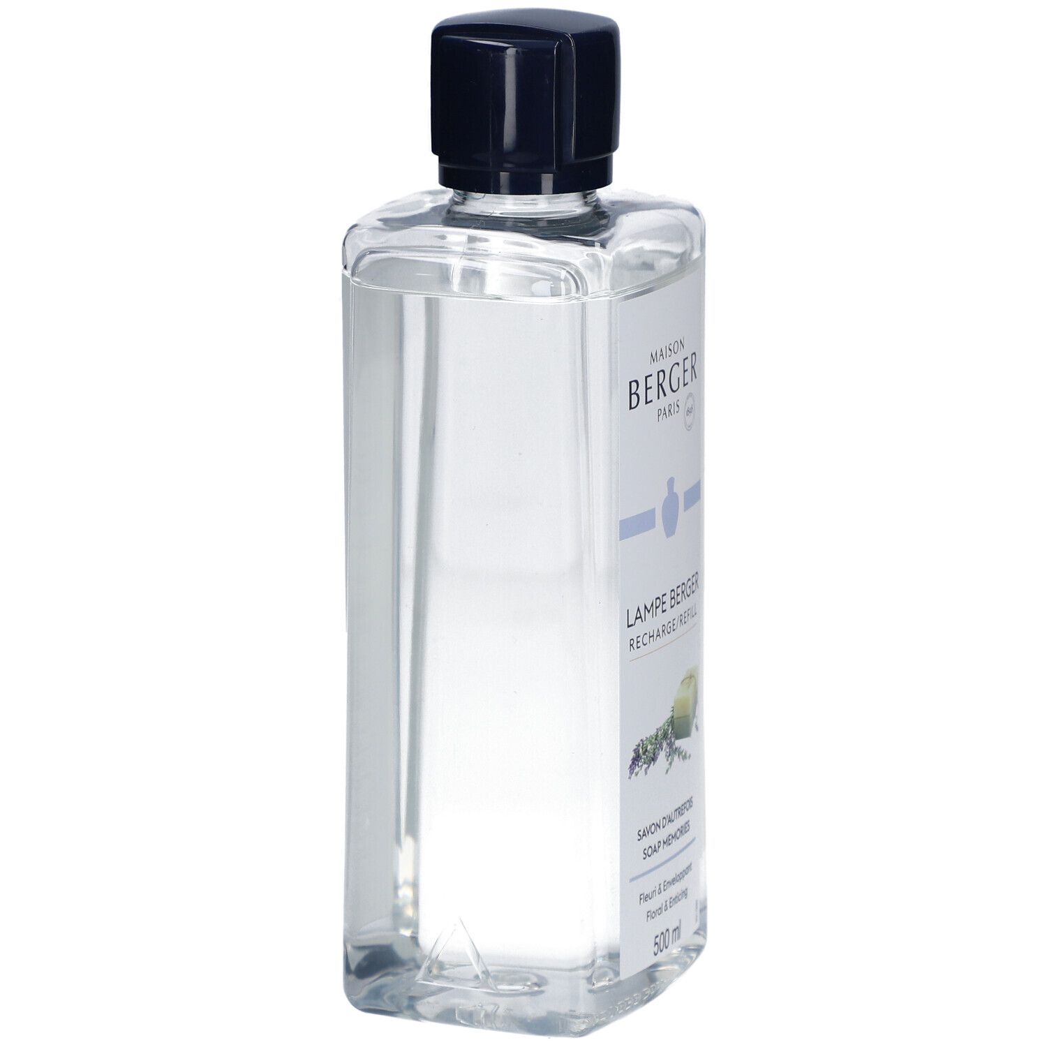 Flacon de recharge Lampe Berger. Clair, carré, bouchon noir. Étiquette avec nom du produit et motif floral.