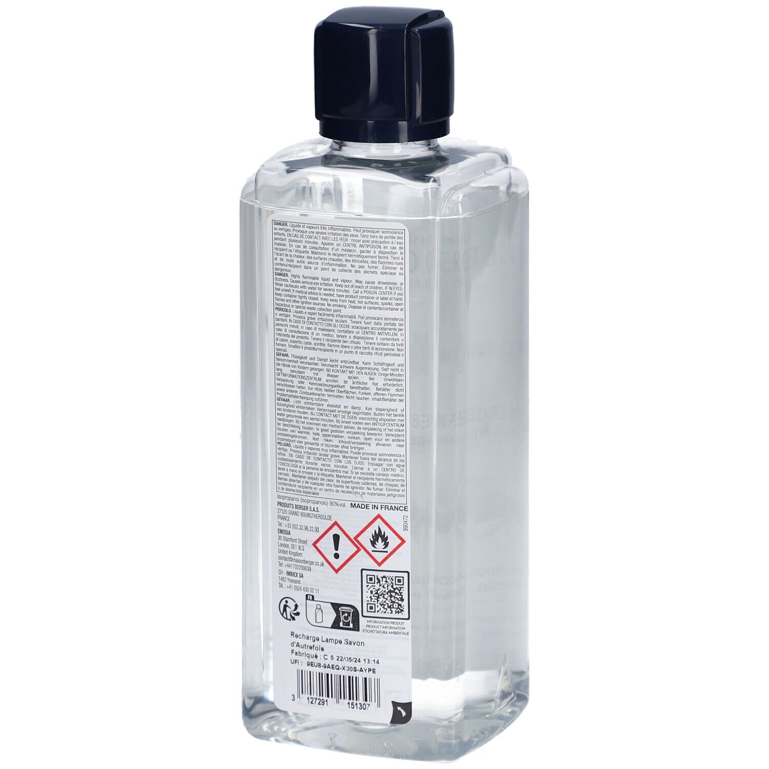 Dos du flacon de recharge Lampe Berger. Clair, carré, bouchon noir. Texte et pictogrammes.
