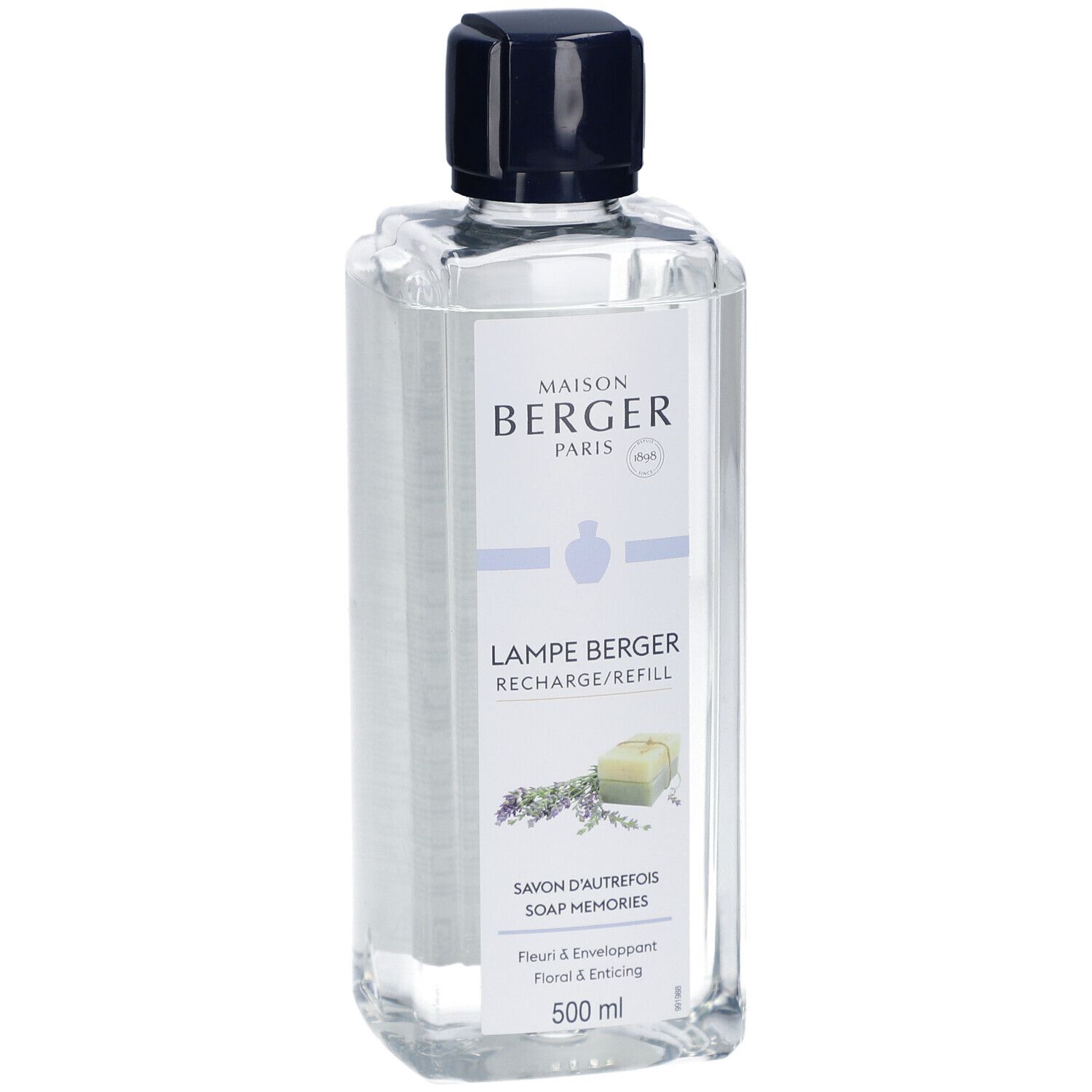 Flacon de recharge Lampe Berger. Clair, carré, bouchon noir. Étiquette avec nom du produit et motif floral.