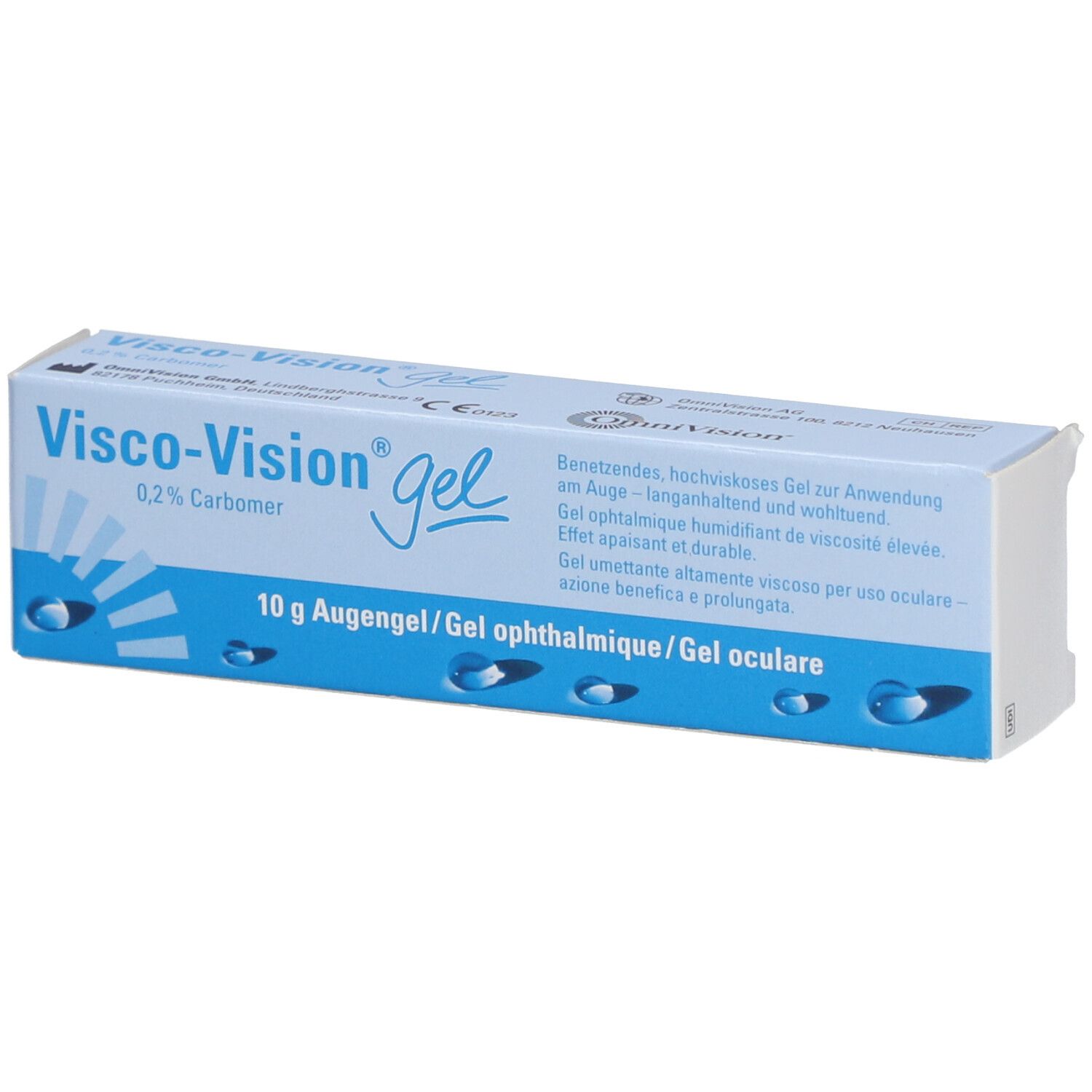 Doosje Visco-Vision Gel. Blauw en witte verpakking. Bevat 10 g ooggel.