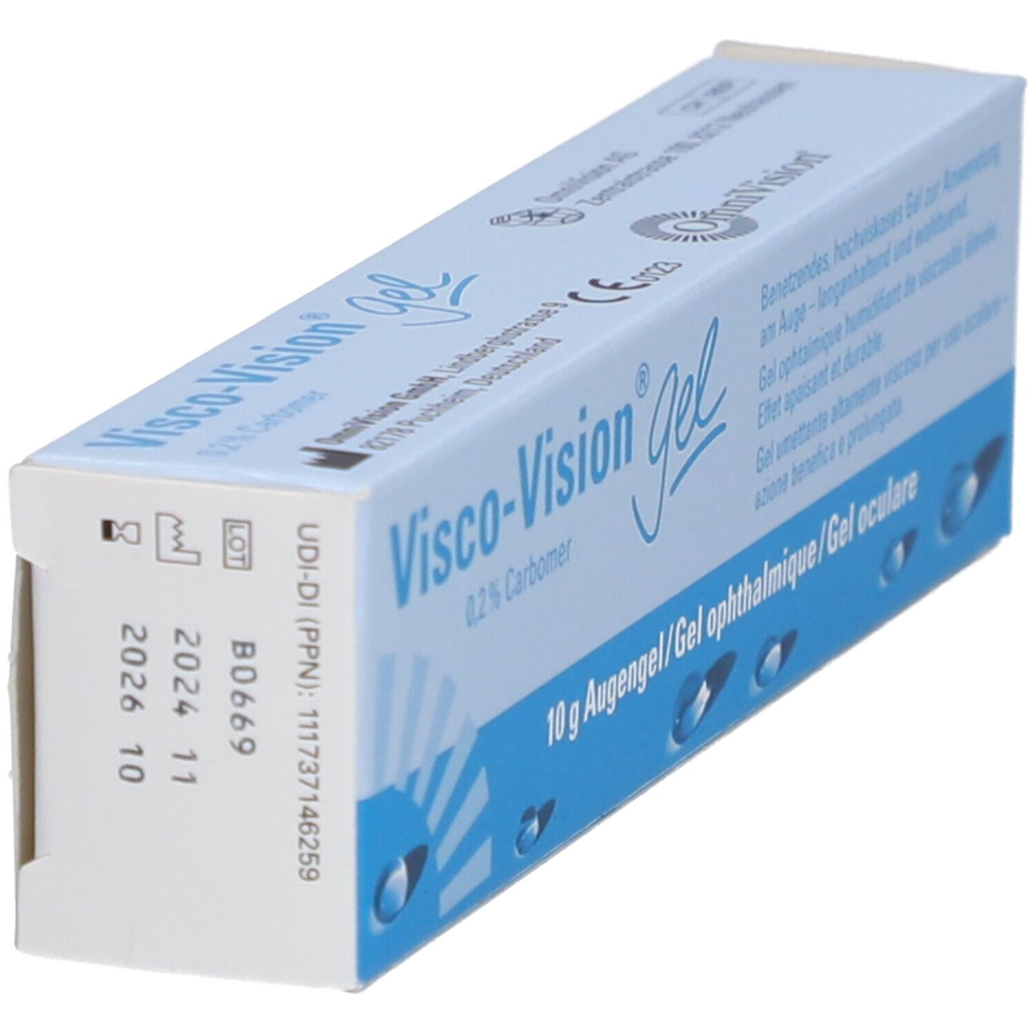 Verpakking van Visco-Vision Gel. Blauw en witte doos. Toont batchnummer en vervaldatum.