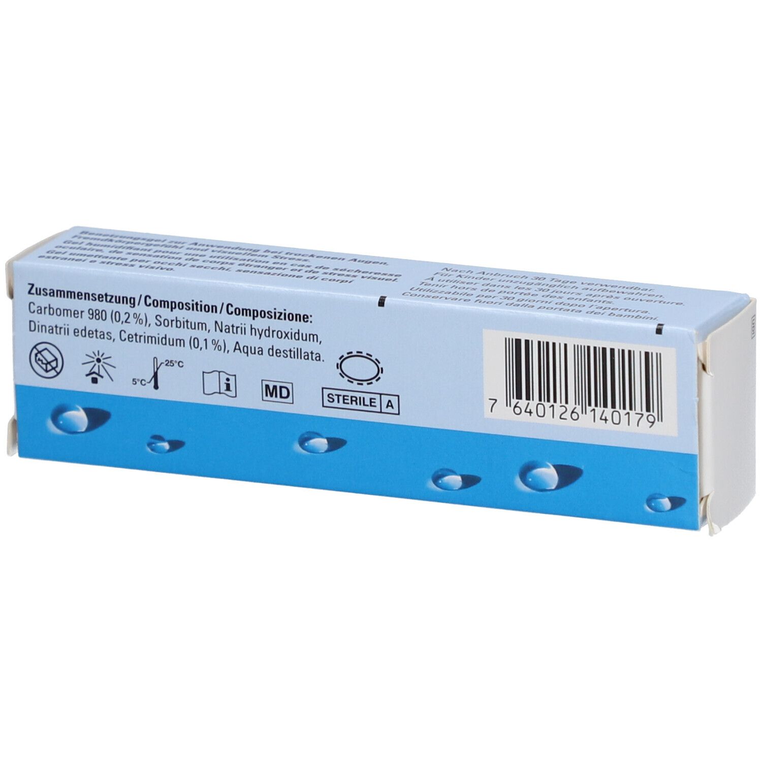 Achterkant van de Visco-Vision Gel verpakking. Bevat ingrediënten en barcode.