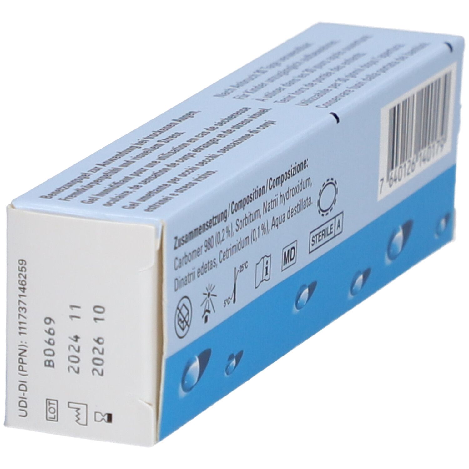 Achterkant Visco-Vision Gel verpakking. Ingrediënten, barcode en vervaldatum.