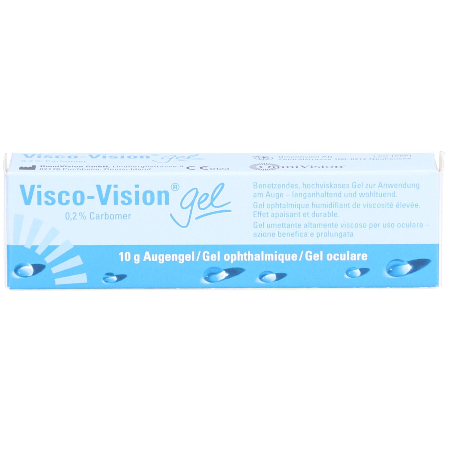 Verpakking Visco-Vision Gel. Blauw en witte doos. Bevat 10 g ooggel.