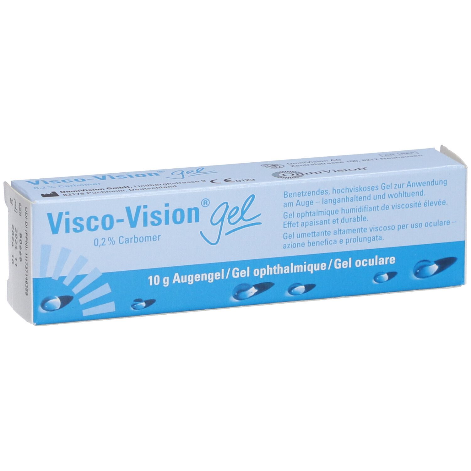 Verpakking Visco-Vision Gel. Blauw en witte doos. Bevat 10 g ooggel.