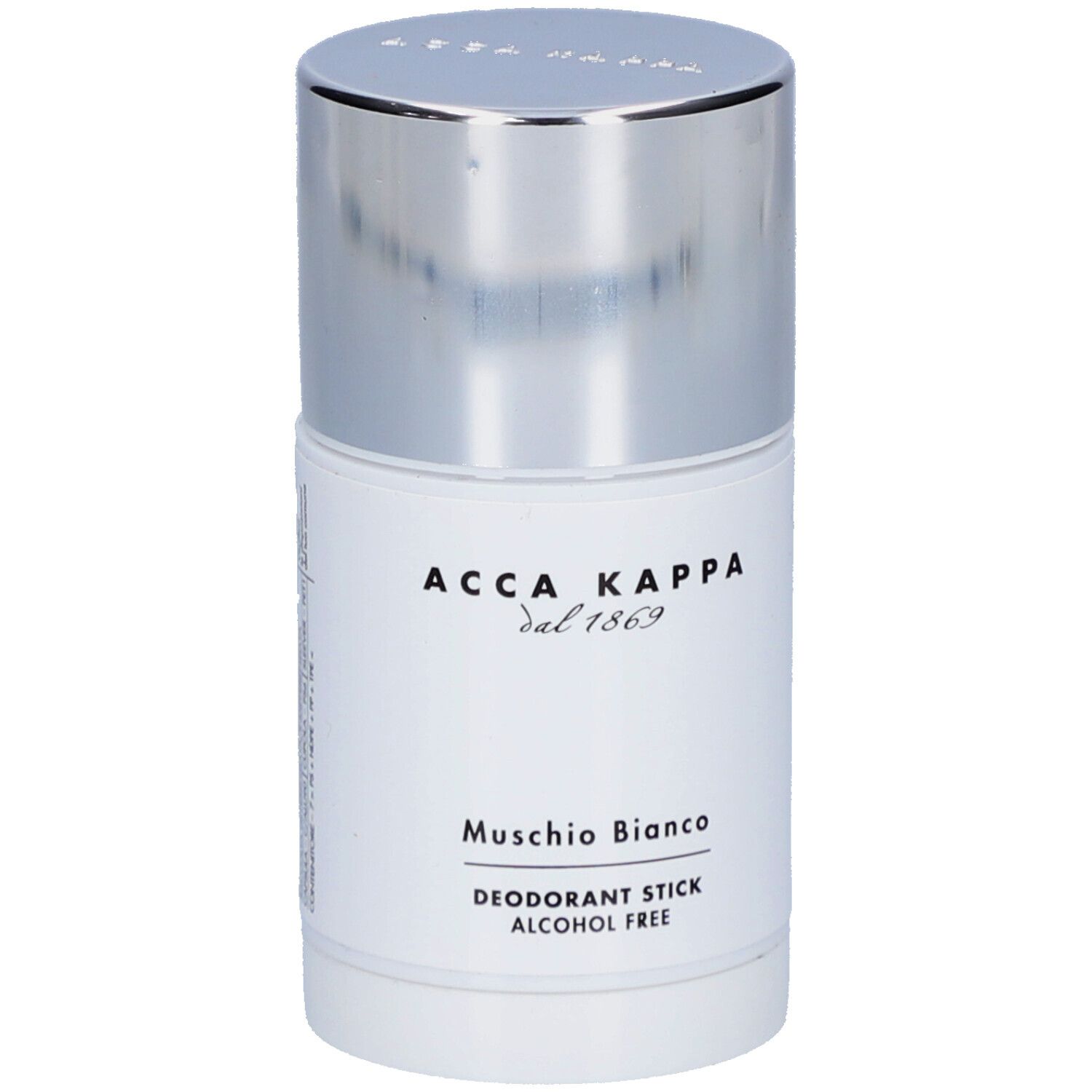 Witte deodorantstick met zilveren dop. Opschrift: Acca Kappa, Muschio Bianco, Deodorant Stick, Alcohol Free.