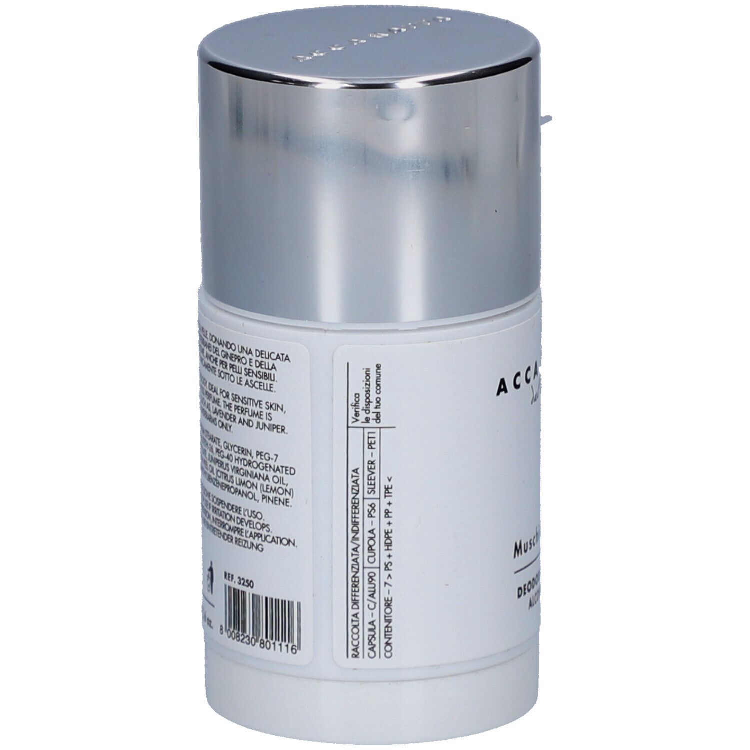 Achterkant witte deodorantstick. Tekst: Acca Kappa, ingrediënten, voor gevoelige huid, gebruiksaanwijzing, recycling informatie.