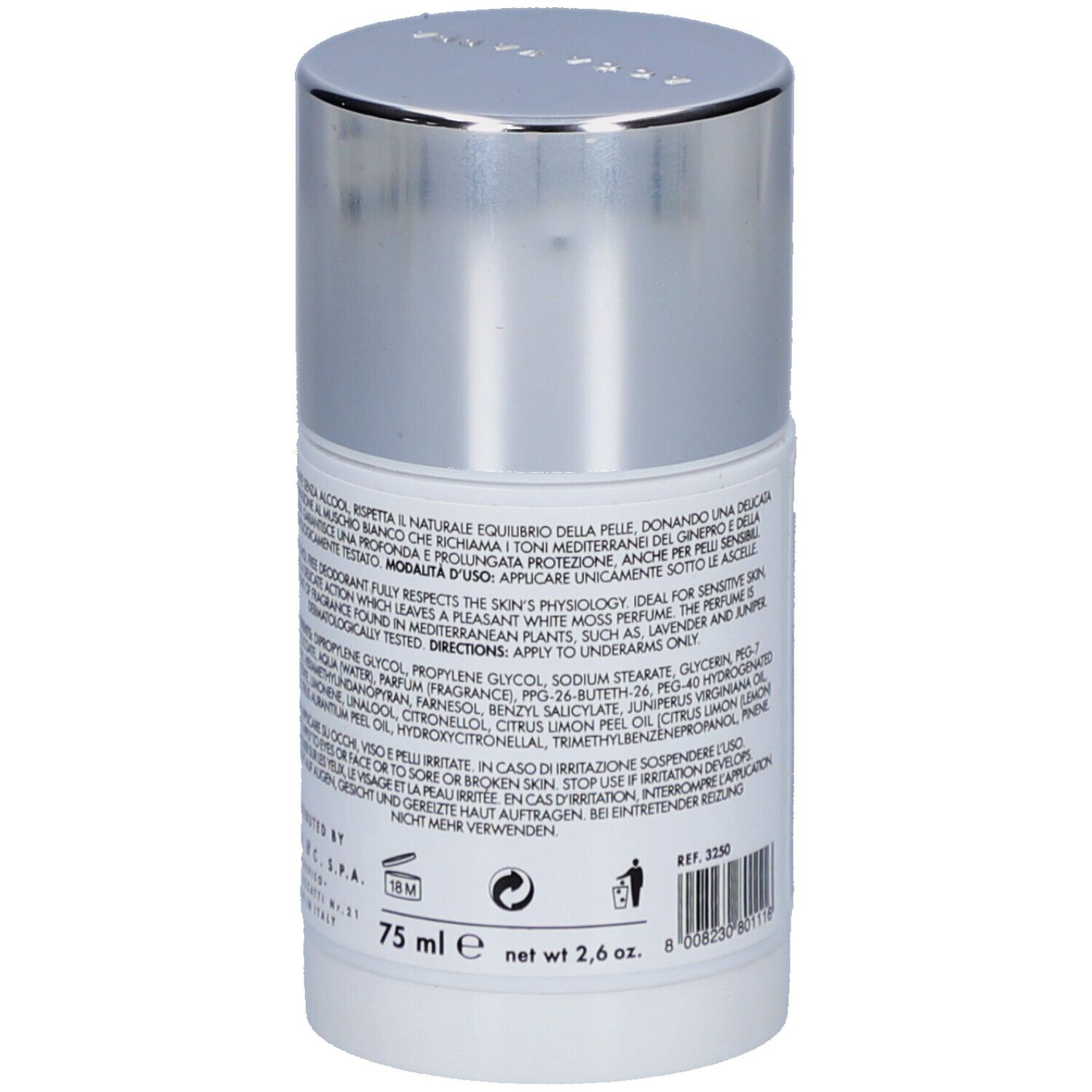 Achterkant witte deodorantstick. Tekst: Acca Kappa, 75 ml, ingrediënten, waarschuwingen, 18M-symbool.