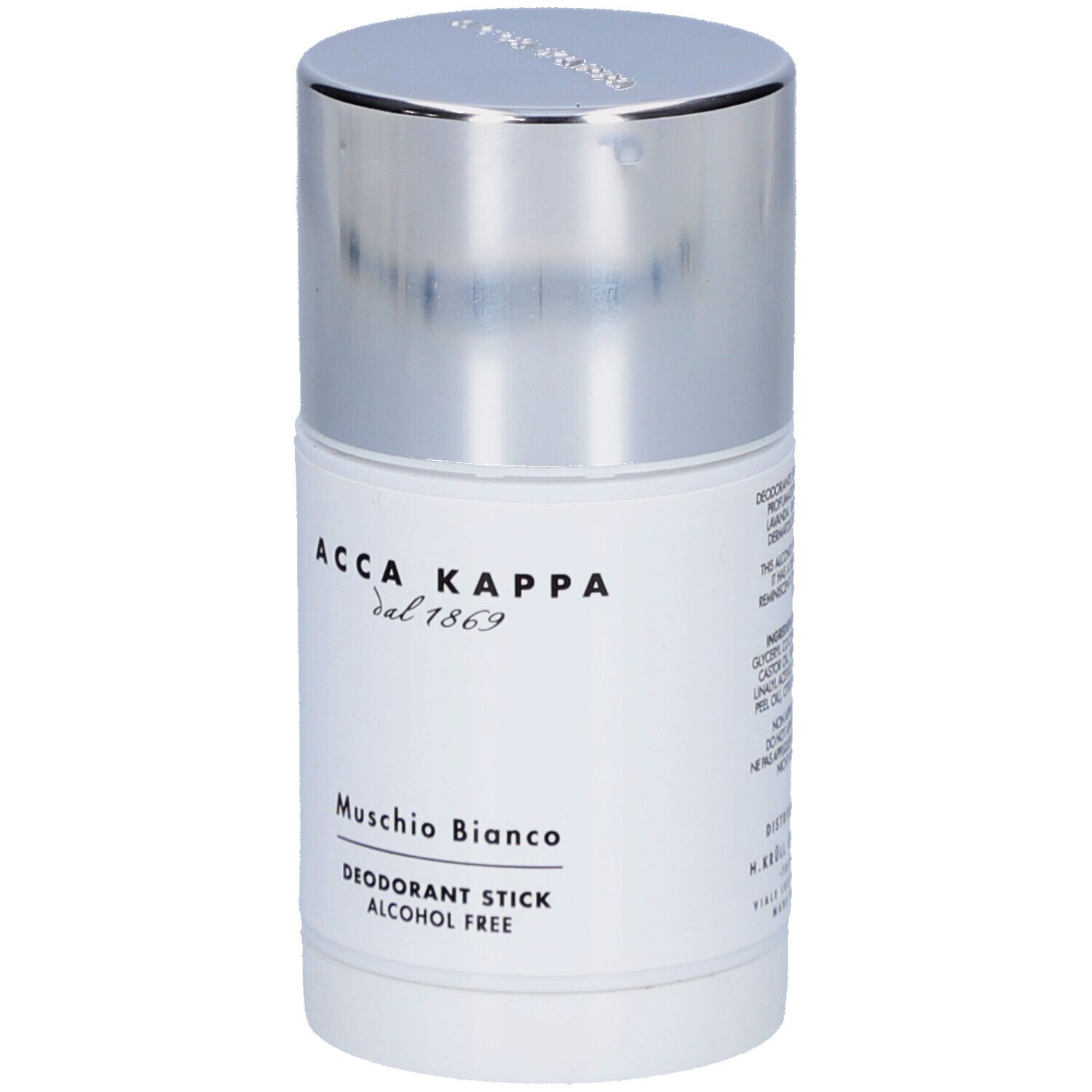 Witte deodorantstick met zilveren dop. Opschrift: Acca Kappa, Muschio Bianco, Deodorant Stick, Alcohol Free.