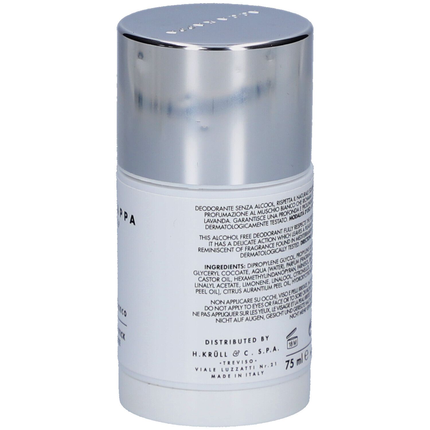 Achterkant witte deodorantstick. Tekst: Acca Kappa, ingrediënten, 75 ml, waarschuwingen, 18M-symbool.