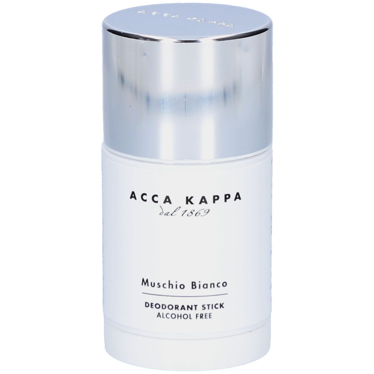 Witte deodorantstick met zilveren dop. Opschrift: Acca Kappa, Muschio Bianco, Deodorant Stick, Alcohol Free.