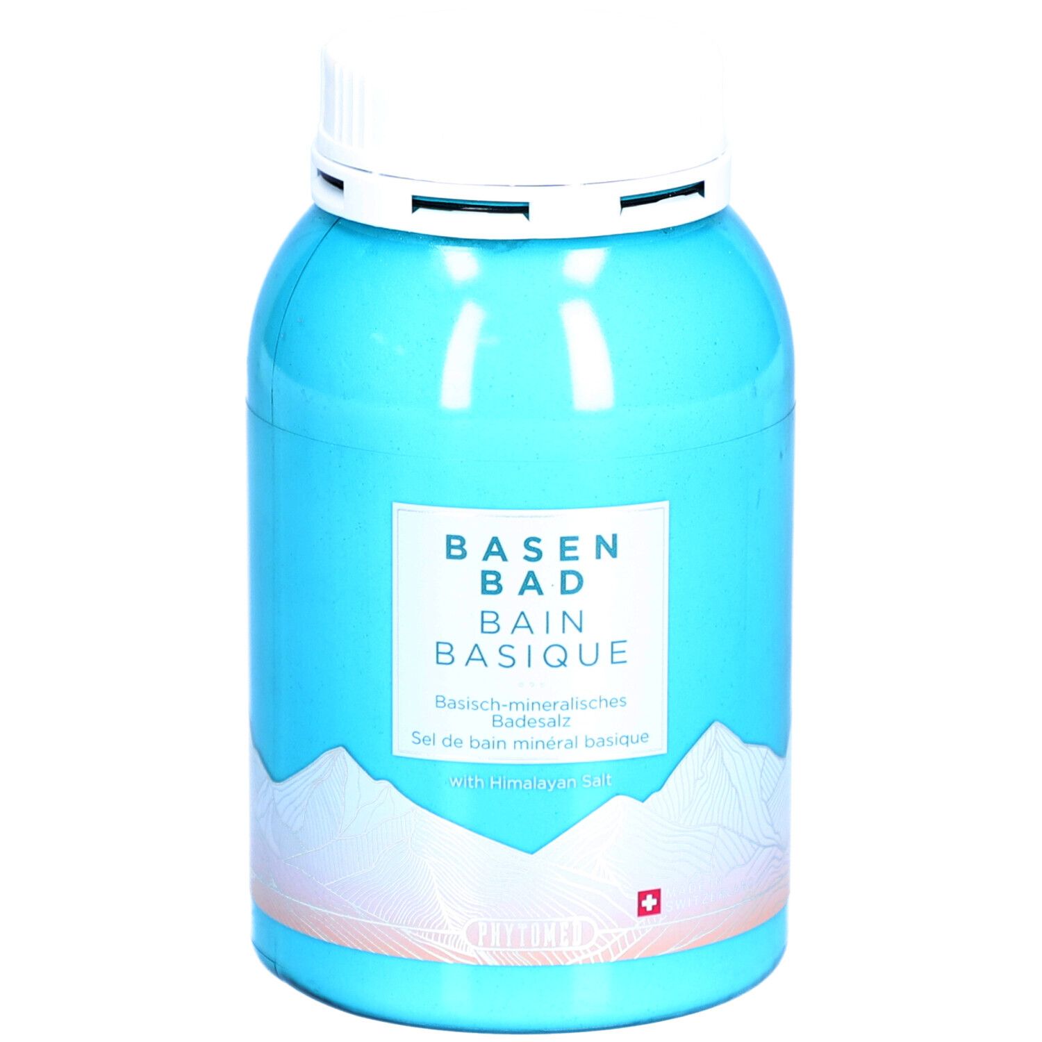 Turquoise pot met witte deksel. Opschrift: BASEN BAD, BAIN BASIQUE. Zwitsers kruis. Bergmotief.