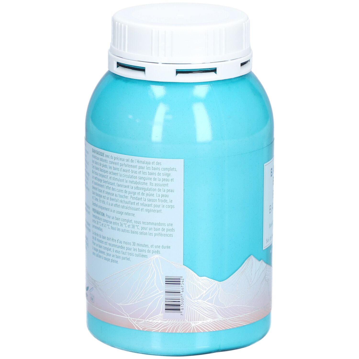 Turquoise pot met witte deksel. Tekst op achterkant. Barcode. Bergmotief. Zwitsers kruis.