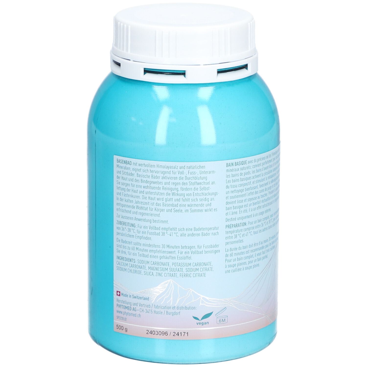 Turquoise pot met witte deksel. Tekst op achterkant. Ingrediëntenlijst. Bergmotief. Zwitsers kruis. Vegan.