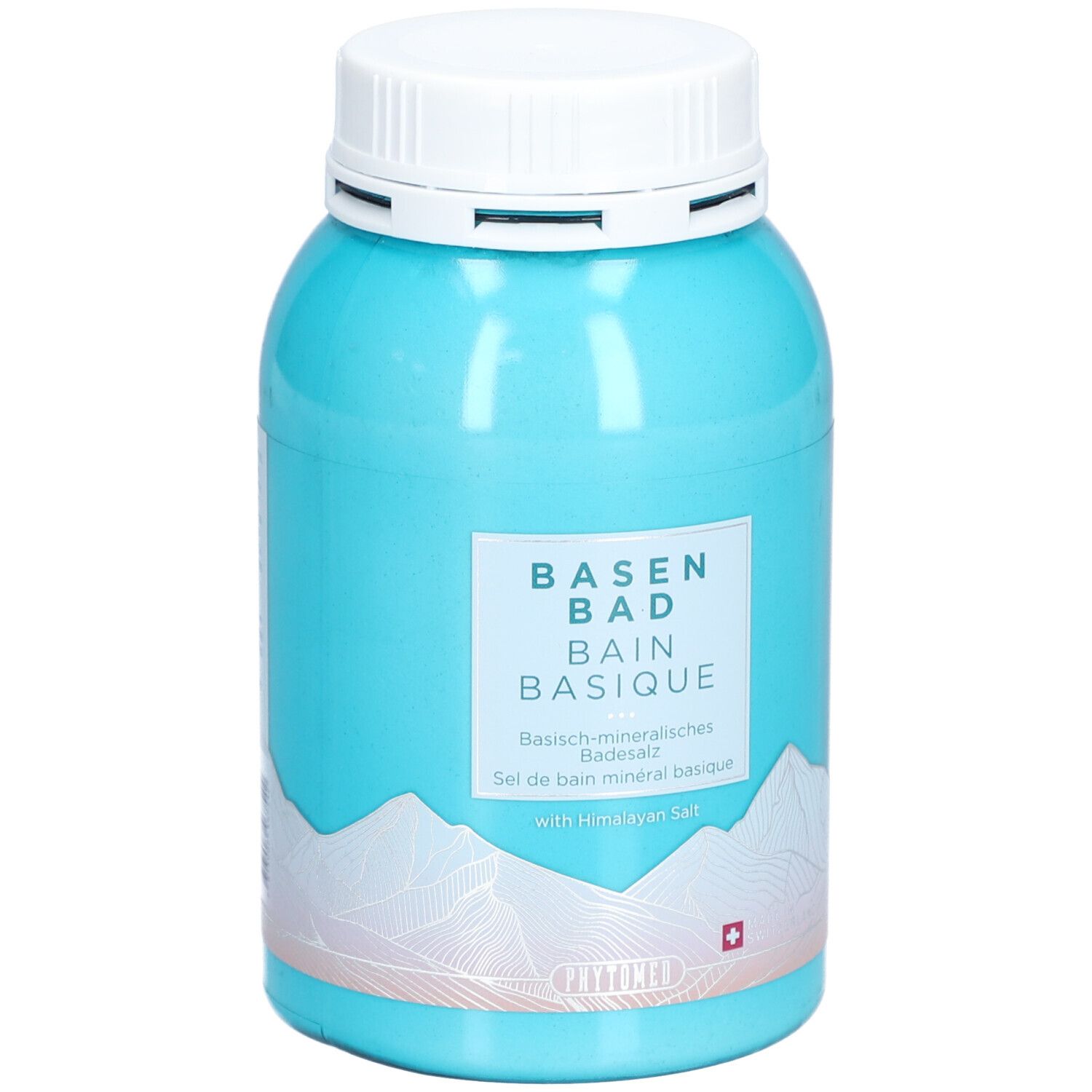 Turquoise pot met witte deksel. Opschrift: BASEN BAD, BAIN BASIQUE. Zwitsers kruis. Bergmotief. Met Himalaya zout.