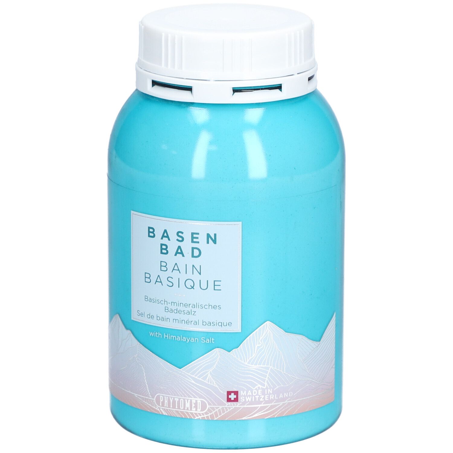 Turquoise pot met witte deksel. Opschrift: BASEN BAD, BAIN BASIQUE. Zwitsers kruis. Bergmotief. Met Himalaya zout.