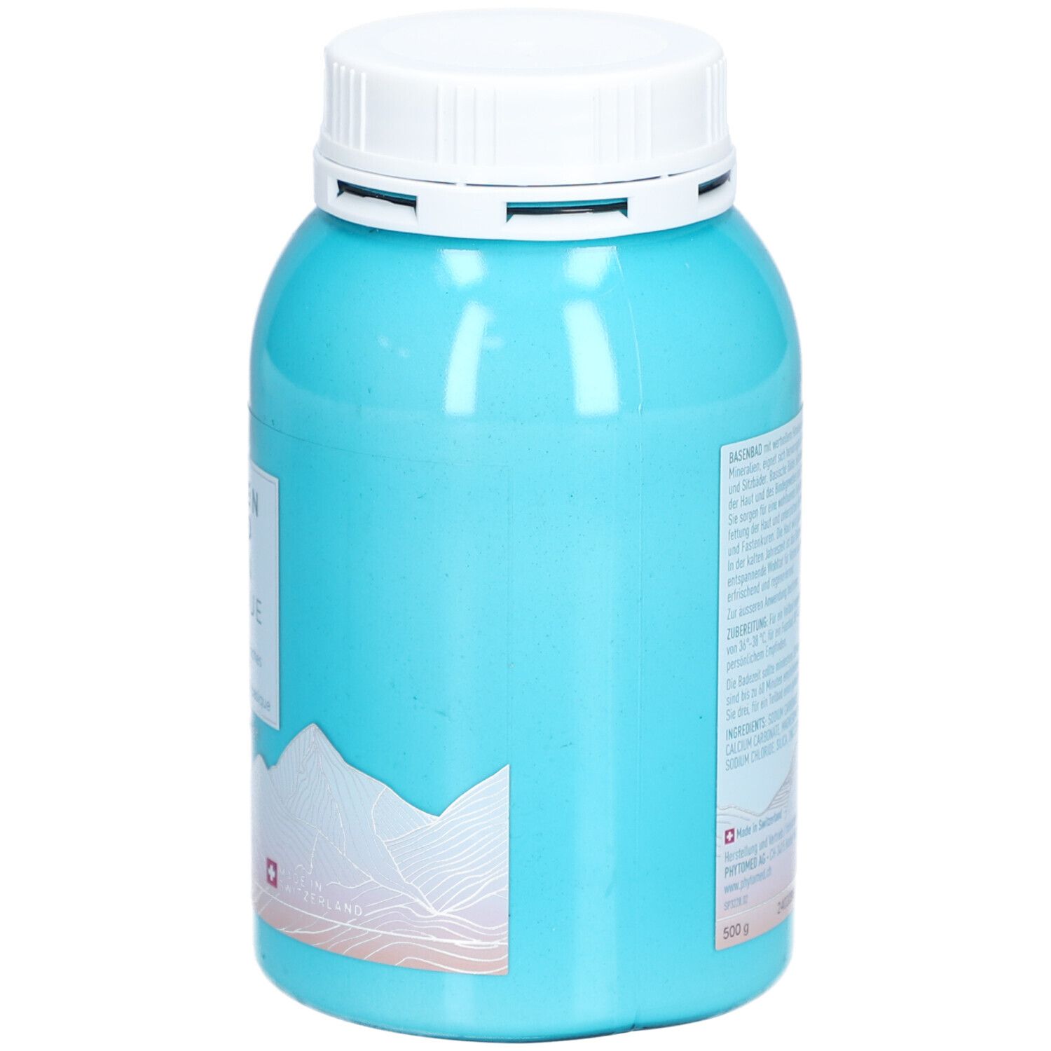 Turquoise pot met witte deksel. Tekst op achterkant. Bergmotief. Zwitsers kruis. 500 g.