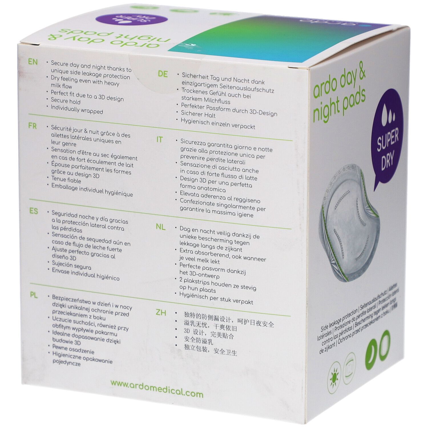 Dos de la boîte de coussinets Ardo Day & Night. Texte multilingue. Illustrations d'utilisation.