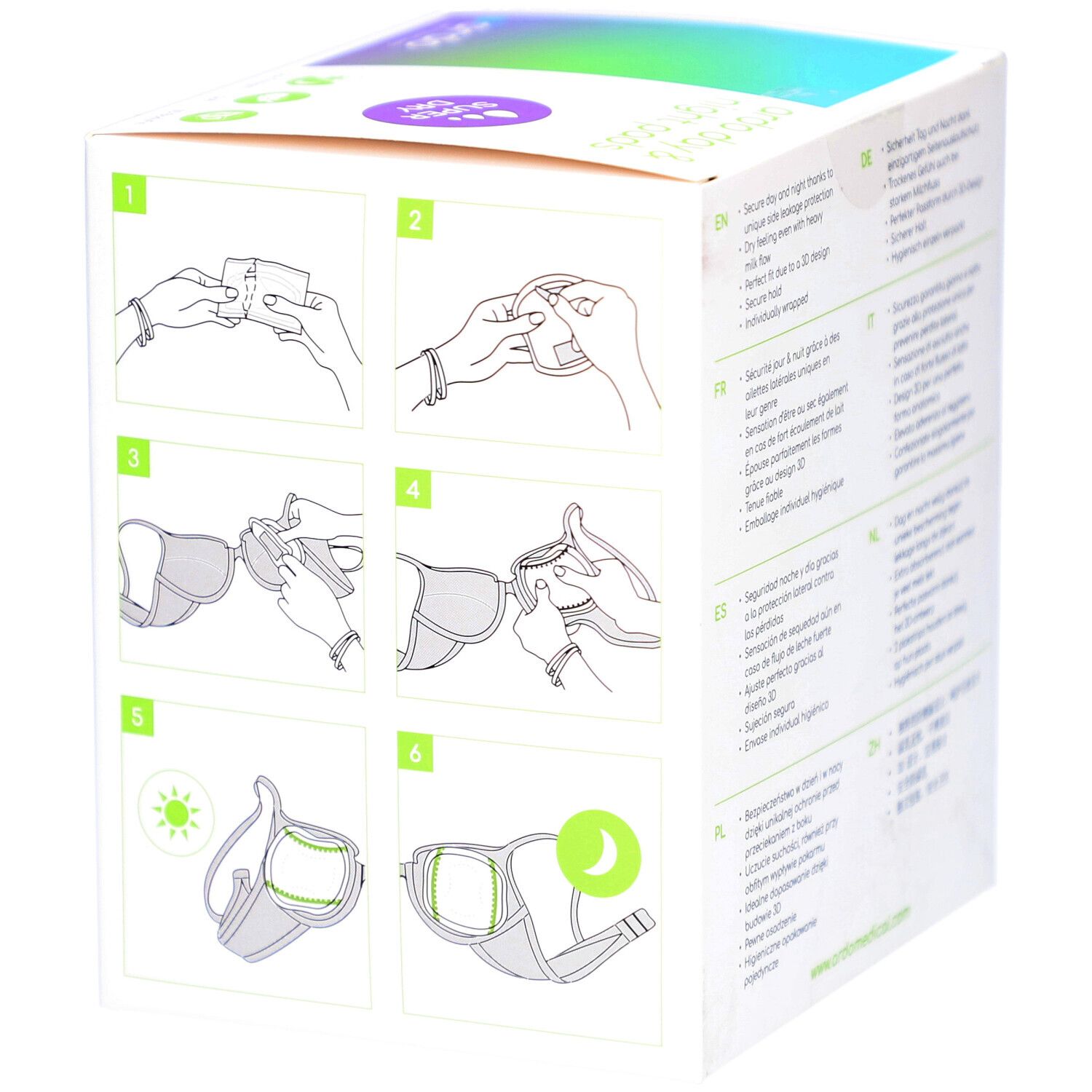 Dos de la boîte de coussinets Ardo Day & Night. Illustrations d'utilisation des coussinets.