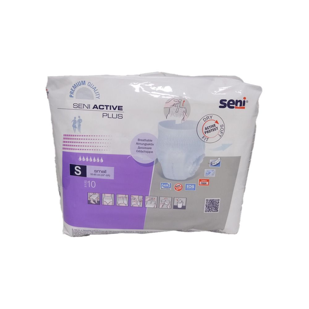 Verpakking SENI Active Plus Pants S, 10 stuks. Wit, paarse accenten. Productnaam, maat S, pictogrammen en SENI logo.
