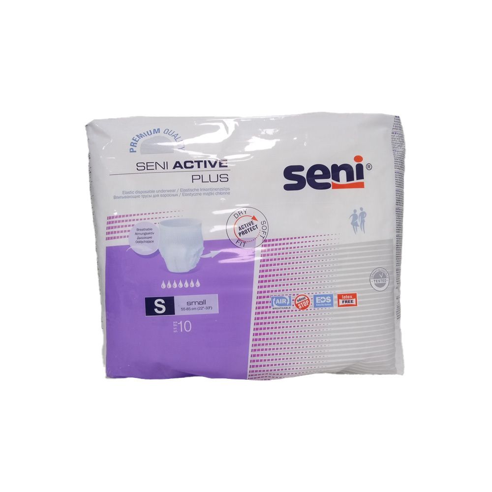 Verpakking SENI Active Plus Pants S, 10 stuks. Wit, paarse accenten. Productnaam, maat S, pictogrammen en SENI logo.