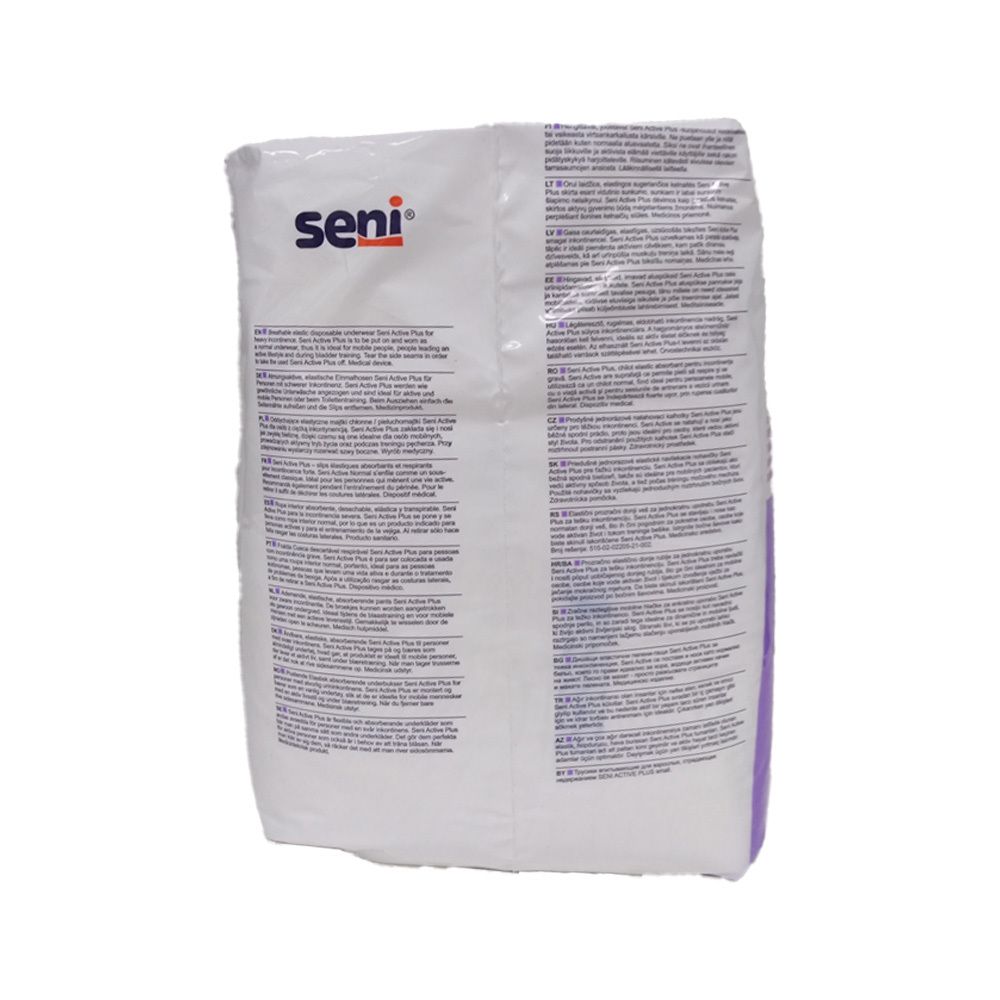 Achterkant van de SENI Active Plus Pants S verpakking. Tekst in meerdere talen. Maat S. Barcode en SENI logo.