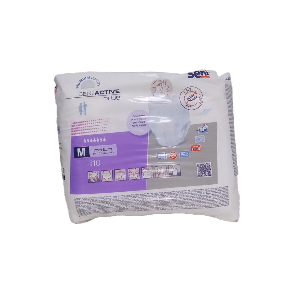 Verpakking SENI Active Plus Pants M. Witte verpakking met productafbeelding en logo. Maat M, 10 stuks.