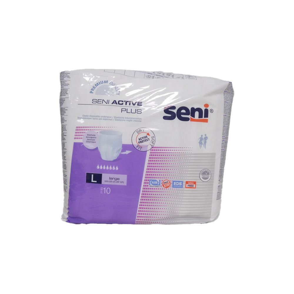 Verpakking van SENI Active Plus. Opschriften: SENI, Active Protect, L, 10 stuks. Kleuren: paars en wit.
