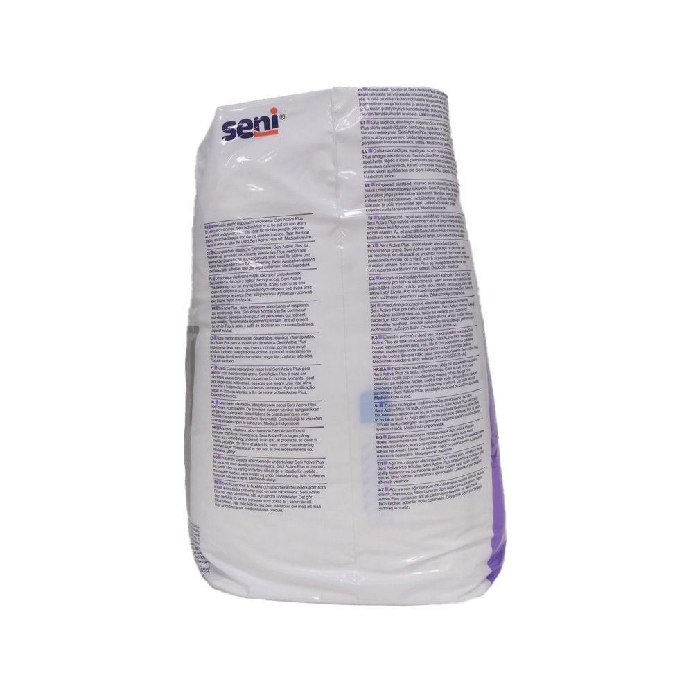 Achterkant van de verpakking van SENI Active Plus. Tekst in meerdere talen. Witte verpakking met paarse accenten.