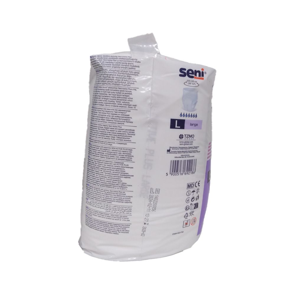 Achterkant van de verpakking van SENI Active Plus. Opschriften: L, large. Witte verpakking met paarse accenten en tekst.