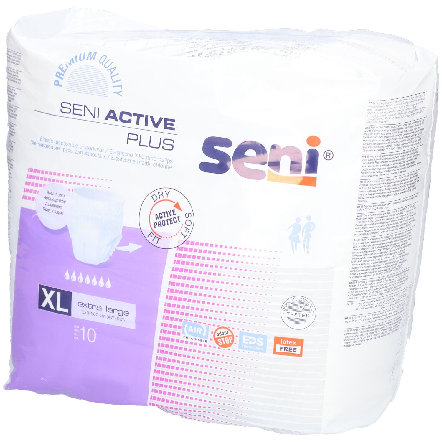 Emballage de Seni Active Plus, XL, 10 pièces. Sec, respirant, doux. Avec indication de taille et logo.