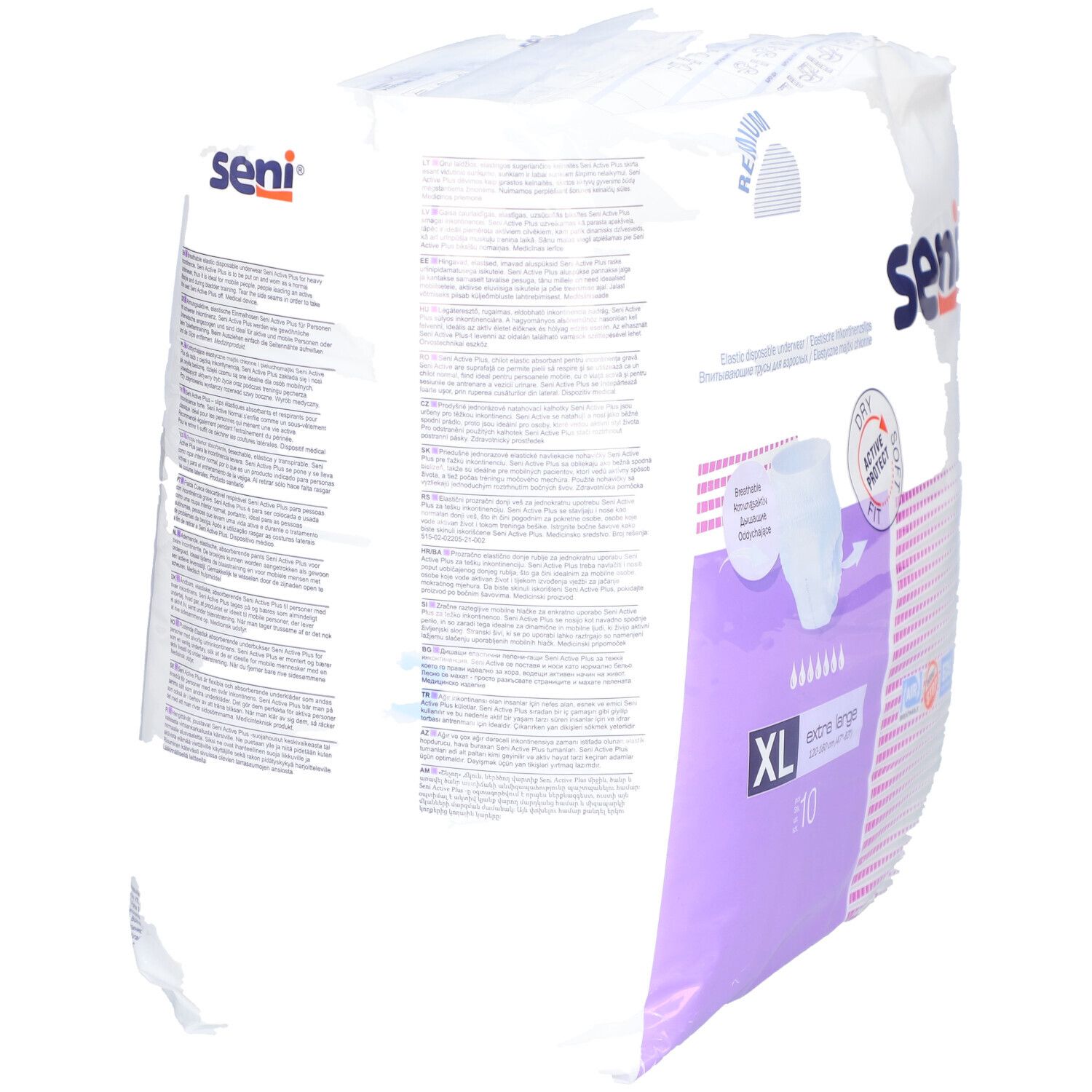 Dos de l'emballage Seni Active Plus. Texte multilingue. Taille XL et logo.