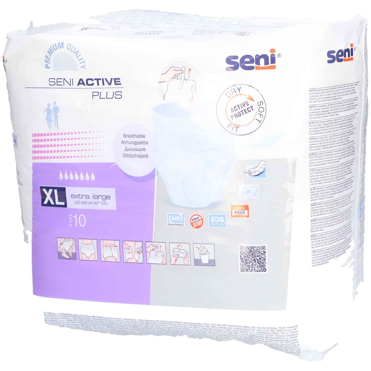Emballage Seni Active Plus, XL, 10 pièces. Respirant, sec, doux. Avec indication de taille et logo.
