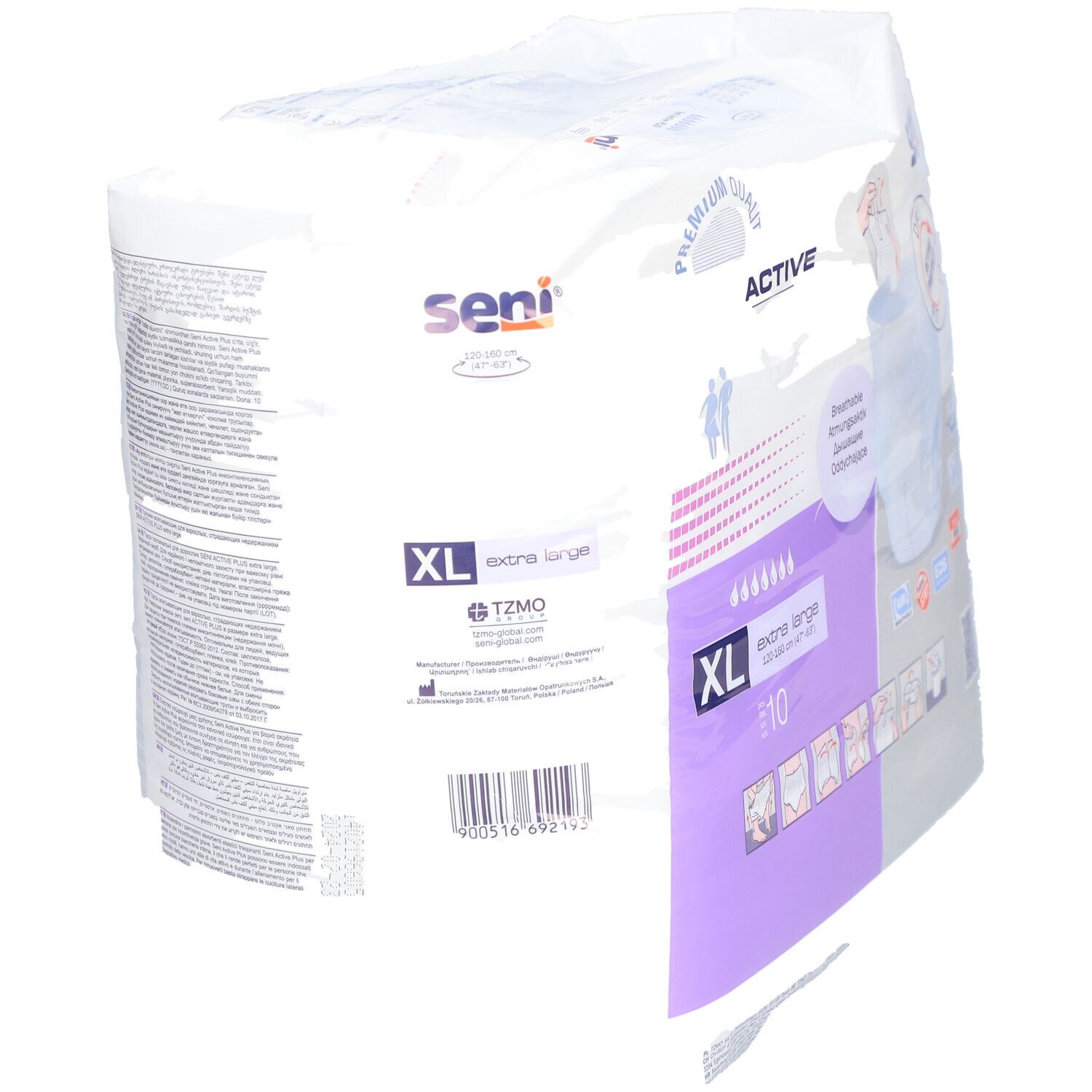Emballage Seni Active Plus, XL, 10 pièces. Indication de taille, logo et code-barres. Texte multilingue.