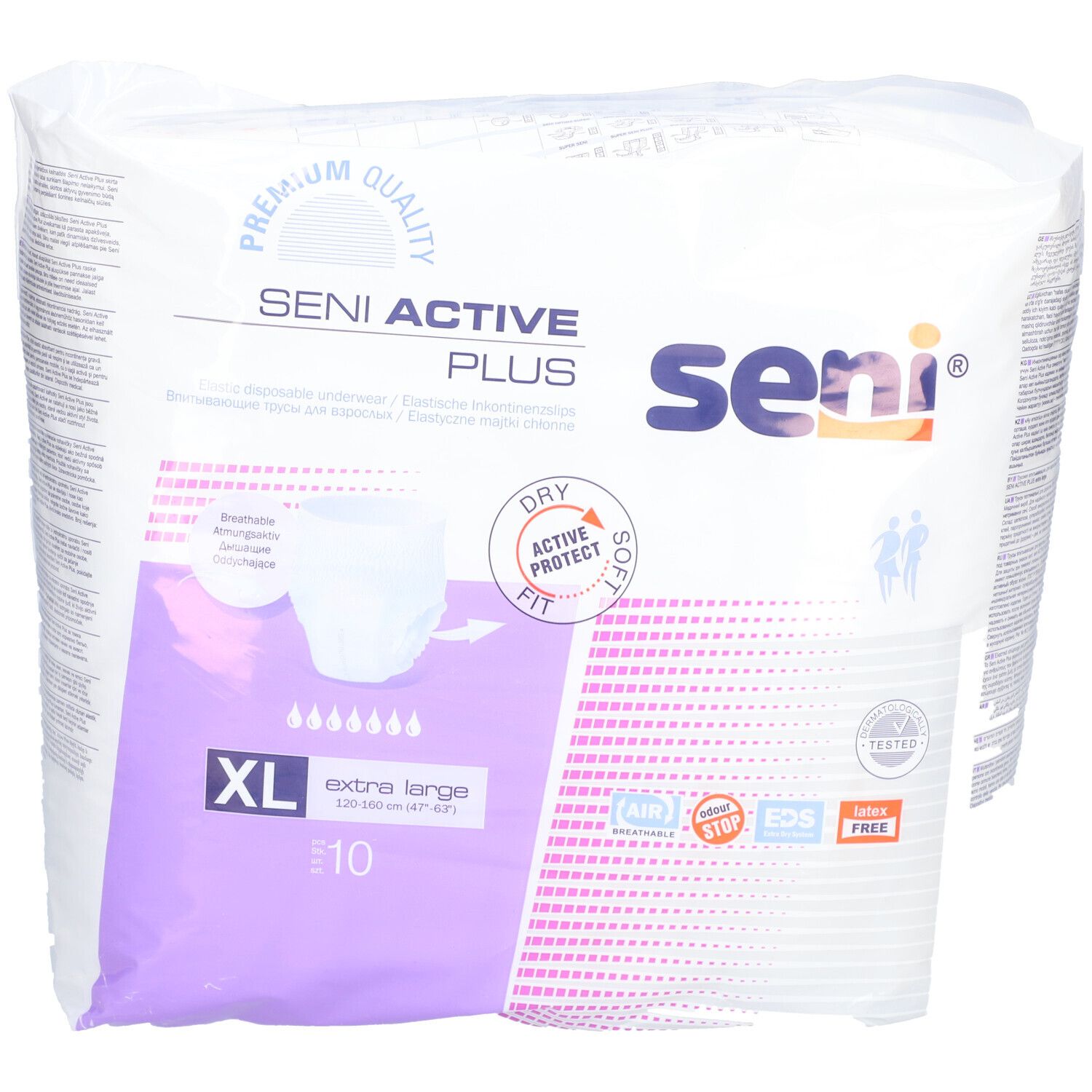 Emballage Seni Active Plus, XL, 10 pièces. Sec, respirant, doux. Avec indication de taille et logo.