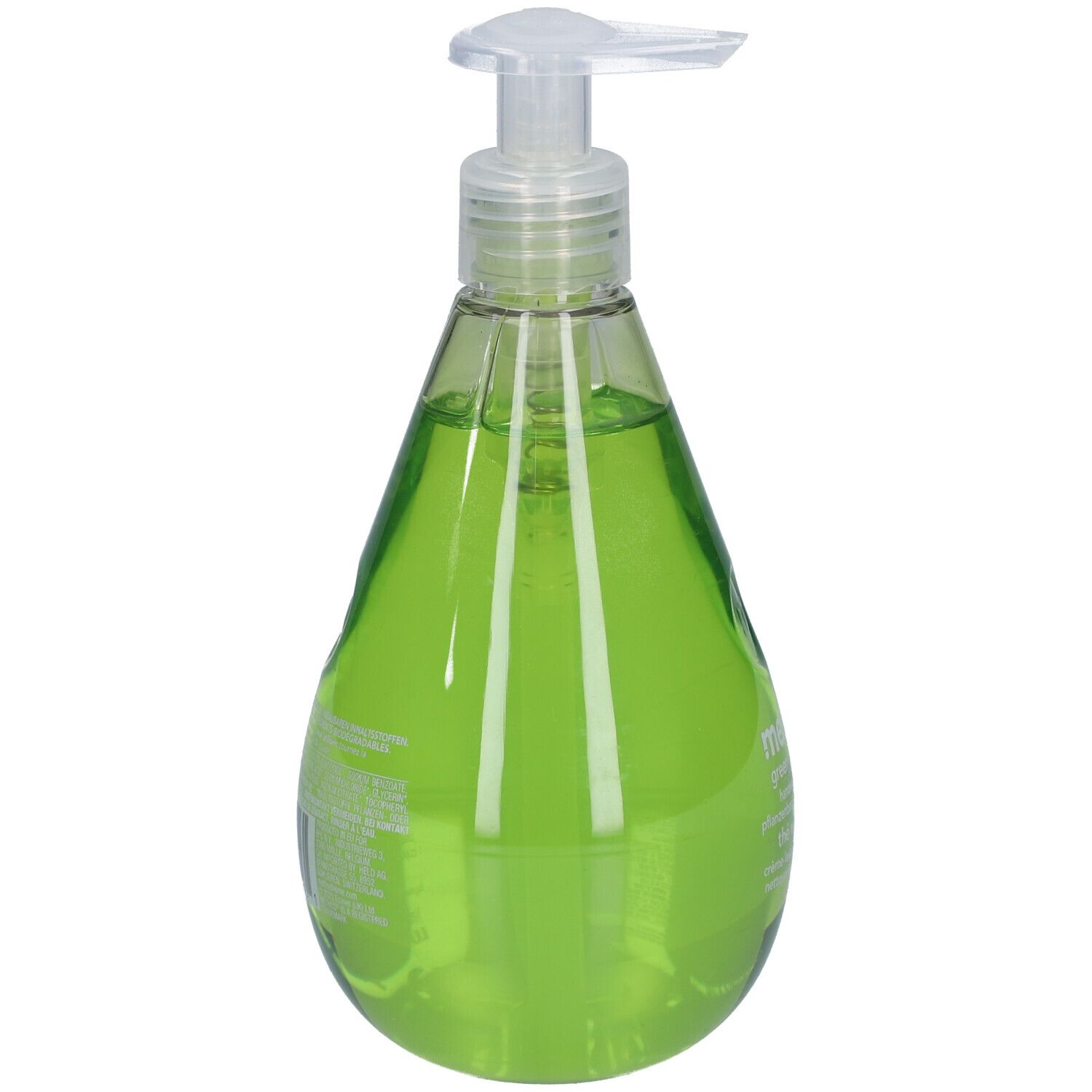 Achteraanzicht van groene vloeibare zeep in druppelvormige fles met pomp. Etiket met tekst.