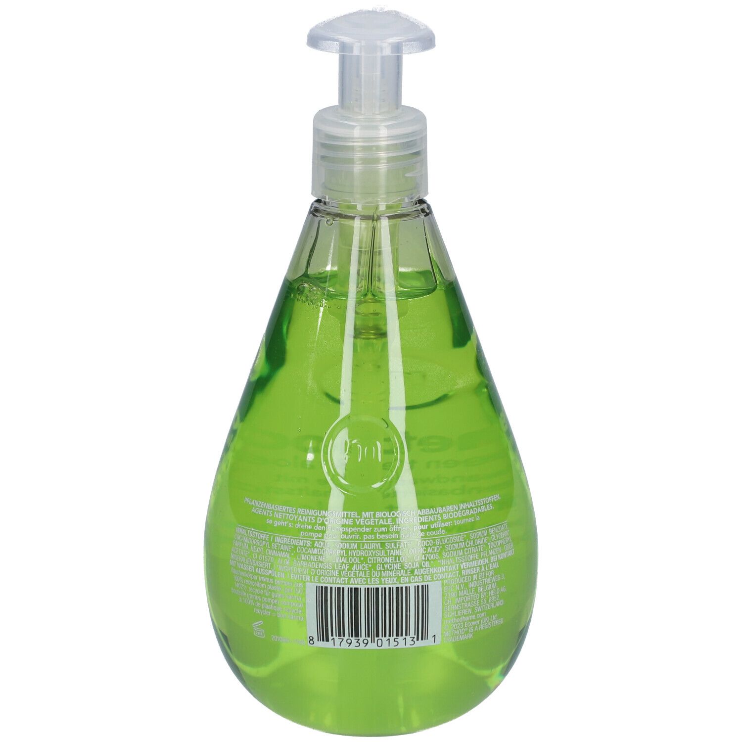 Achteraanzicht van groene vloeibare zeep in druppelvormige fles met pomp. Barcode en tekst op etiket.