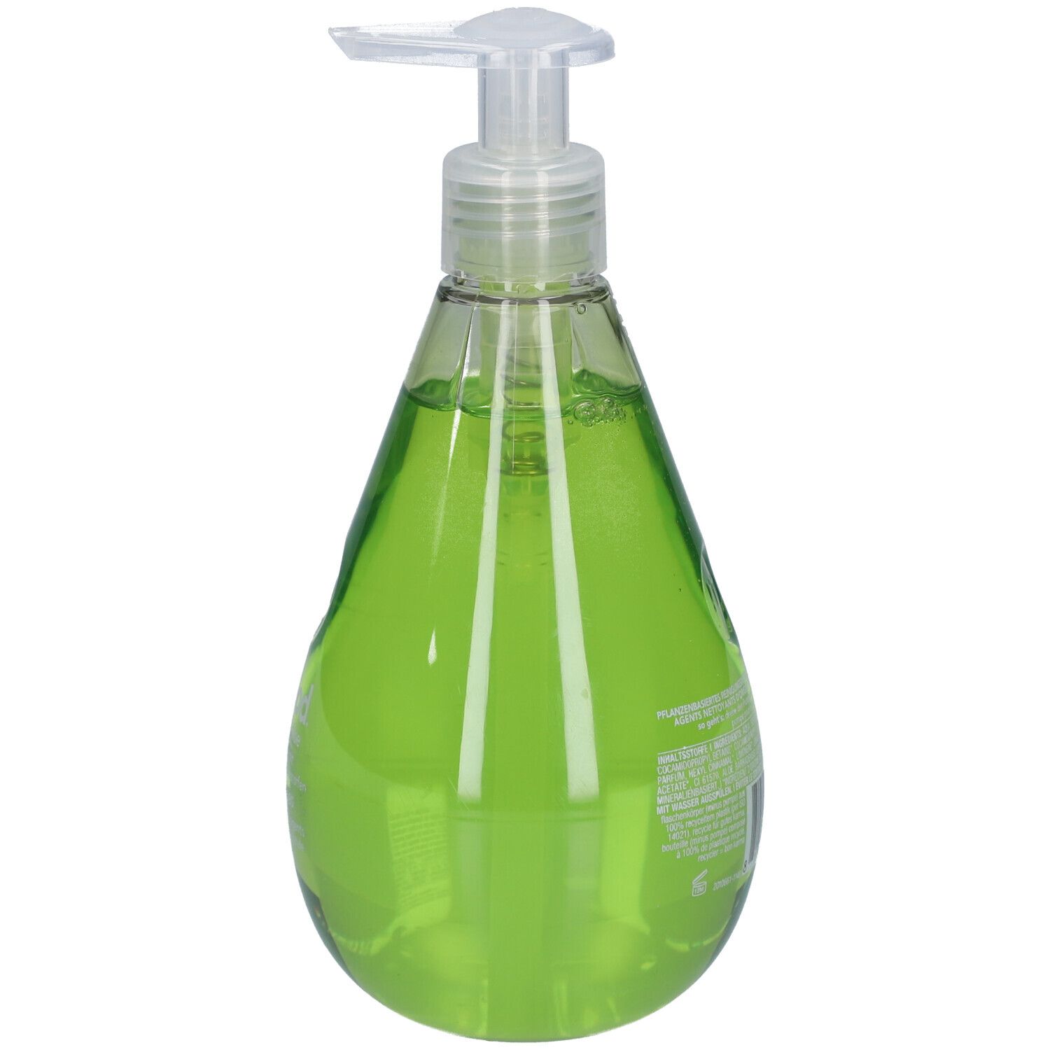 Achteraanzicht van groene vloeibare zeep in druppelvormige fles met pomp. Etiket met tekst.