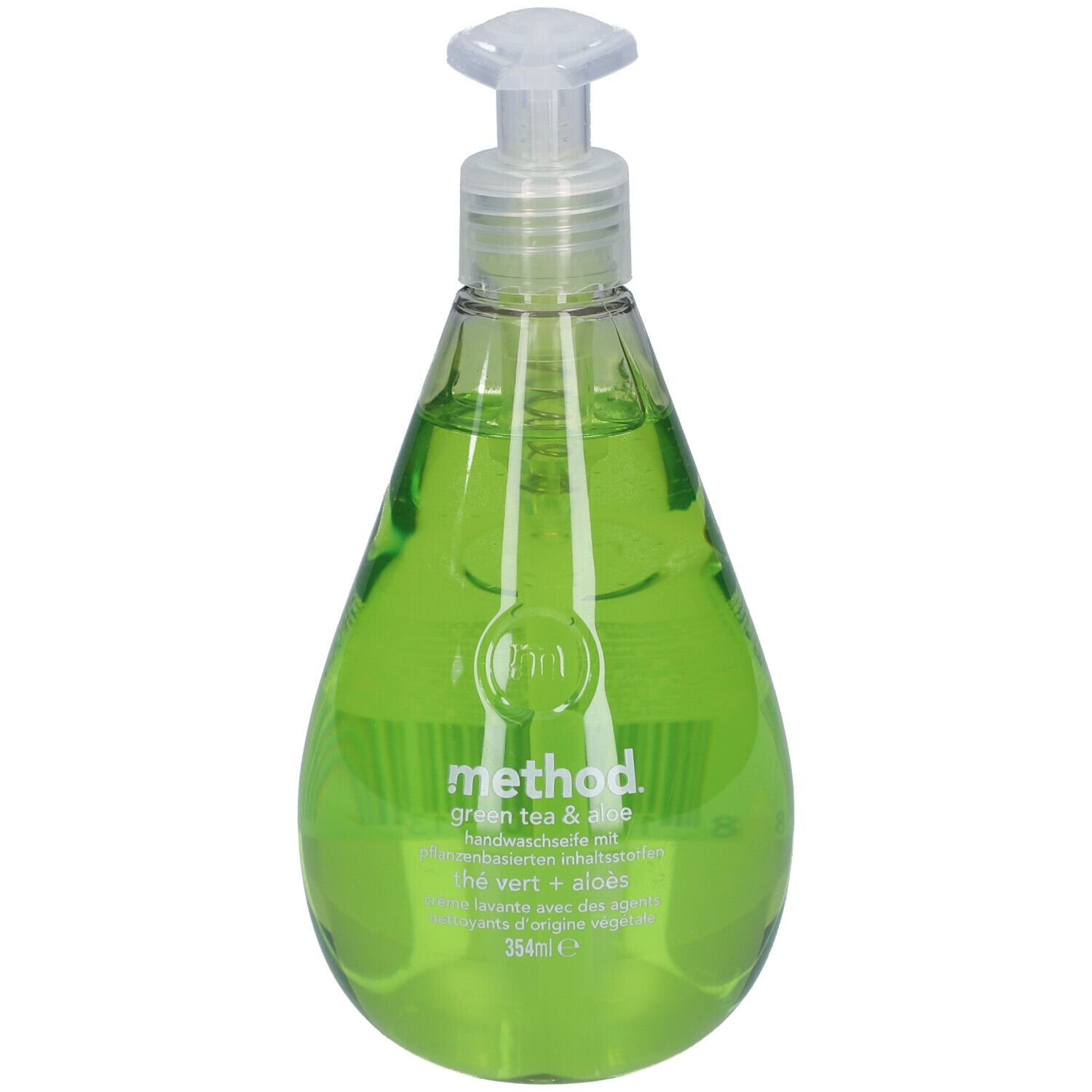 Groene vloeibare zeep in druppelvormige fles met pomp. Opschrift: method, groene thee & aloë.