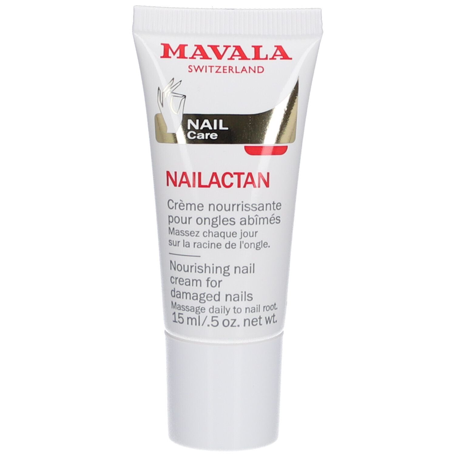 Tube de crème avec nom de produit et de marque. Inscription: Mavala Switzerland, Nailactan, Crème nourrissante pour ongles abîmés.